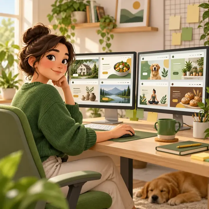 A freelance web designer at her desk with several client websites on two screens